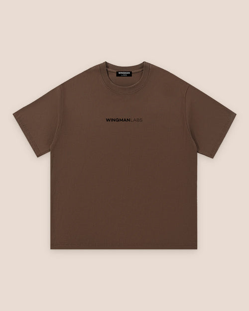 Bark, front of the tee: coffee-brown cotton with the wordmark small on the chest
