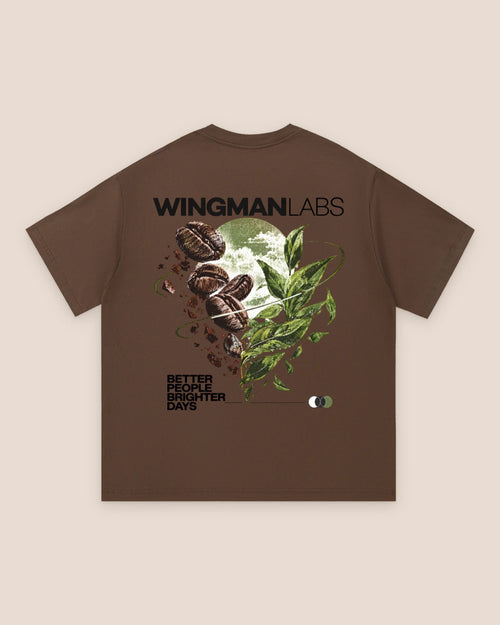 Bark, back of the tee: coffee beans and green tea leaves around a cloudy moon, under the wordmark
