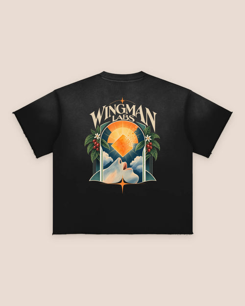 Dawn, back of the tee: an arch with an orange square rising over clouds, leaves and red berries, the wordmark above