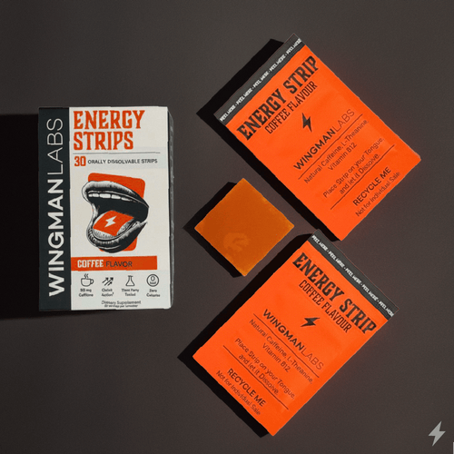 Premium Coffee Energy Strips by Wingman Labs shown with sachets and strip; clean energy support in a bold product flat lay.