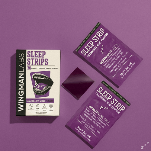 Premium Cranberry Mint Sleep Strips by Wingman Labs shown with sachets and strip; bedtime support in a clean, modern flat lay.